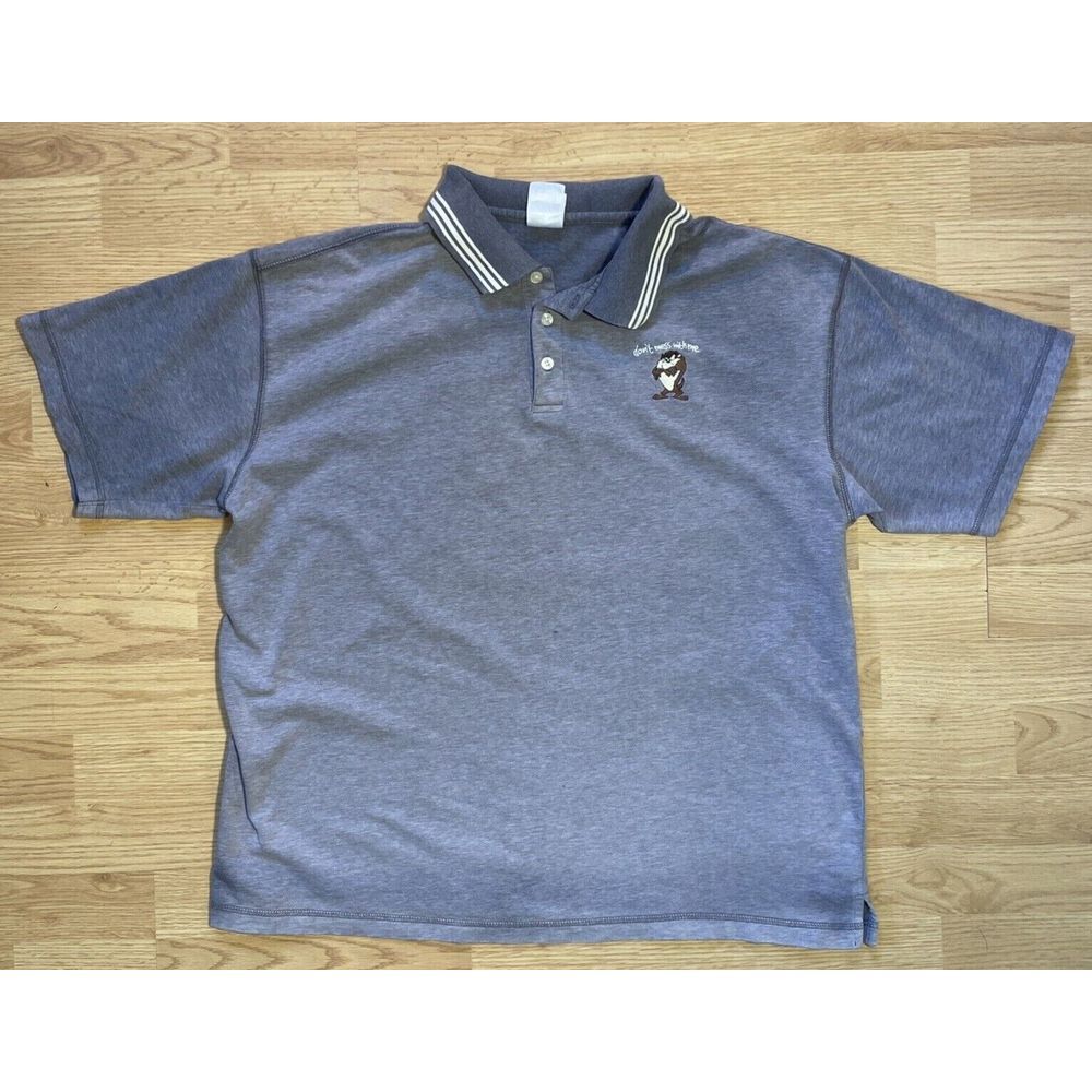 Vintage Warner Bros Mens Large Grey Taz "Don't‎ Mess With Me" Polo *Flaw*